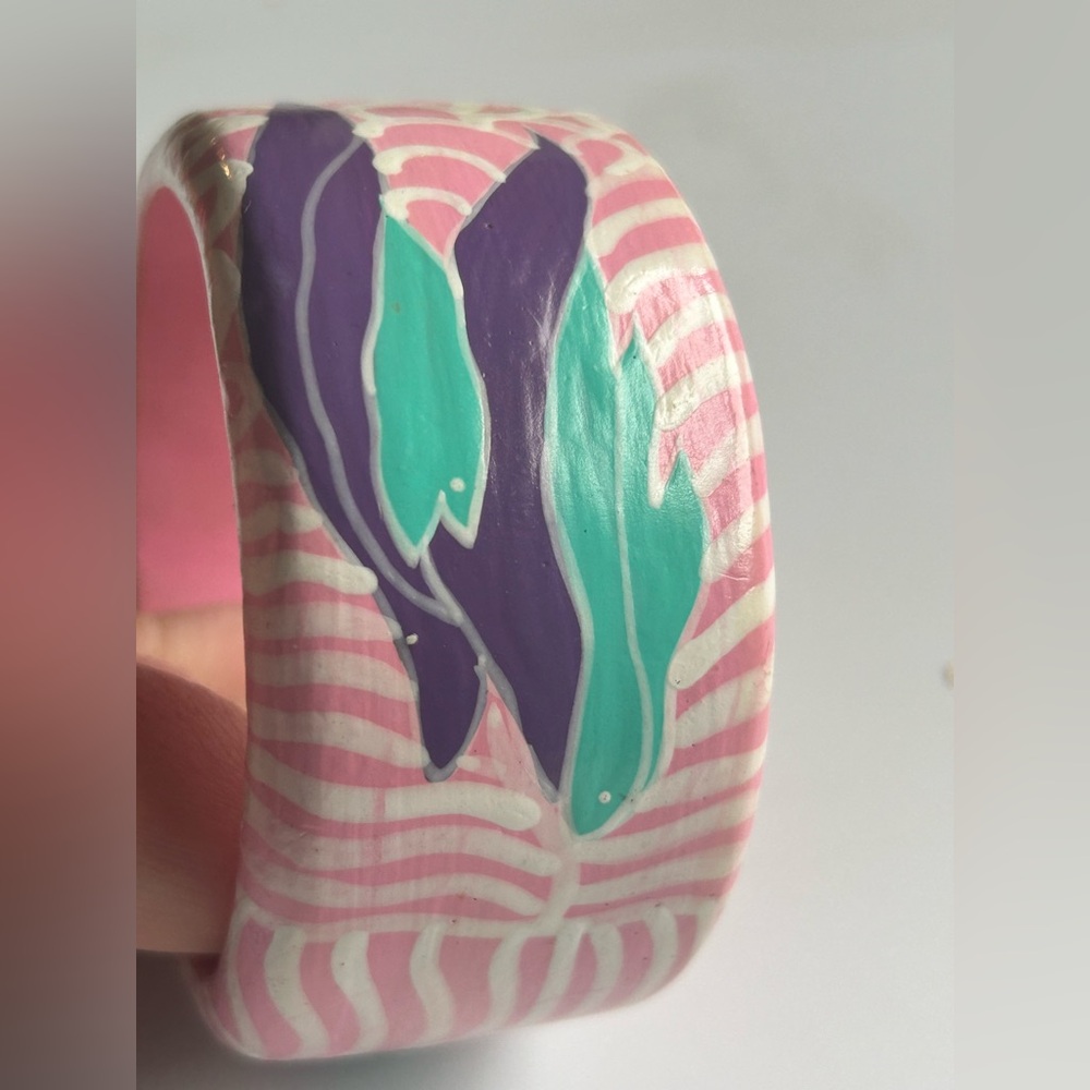 Vintage Hand Painted Wood Bangle Bracelet Pink Blue Abstract Botanical Chunky - Picture 12 of 12